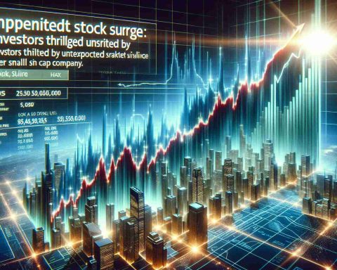 Generate a high-definition, photo-realistic image of a small, blossoming tech company making its name by presenting an unexpected and significant rise in its stock market value. Depict a graph with a sharp upward trend indicating a sudden increase in stock prices, overlaying a business news headline that reads, 'Unprecedented Stock Surge: Investors Thrilled by Unexpected Success of Small Cap Company.'