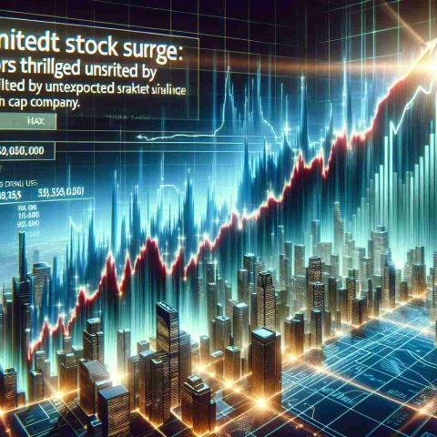 Generate a high-definition, photo-realistic image of a small, blossoming tech company making its name by presenting an unexpected and significant rise in its stock market value. Depict a graph with a sharp upward trend indicating a sudden increase in stock prices, overlaying a business news headline that reads, 'Unprecedented Stock Surge: Investors Thrilled by Unexpected Success of Small Cap Company.'