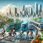 A realistic high-definition image featuring a depiction of urban transport revolution through eco-friendly innovation. Picture a bustling cityscape where traditional gas-guzzling vehicles are replaced by electric buses, solar-powered trams, and wind-powered trains. Meanwhile, city dwellers, including an Asian man, a Black woman, a Hispanic boy, and a Middle-Eastern girl, are commuting using pedal-powered bikes or electric scooters. The skyline is clear and blue, reflecting the diminished pollution. Vibrant vegetation thrives in city parks and along the streets showcasing the positive impact of these eco-friendly transport methods on urban environments.