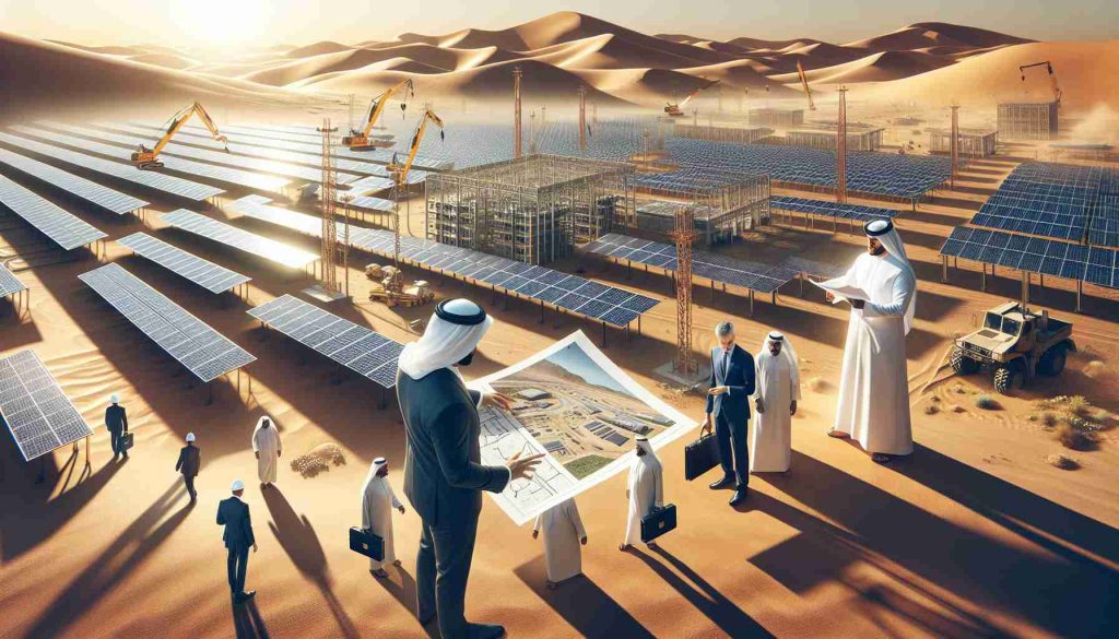 Create a high-resolution, realistic depiction of unidentified investors scrutinizing large-scale solar energy infrastructure in a desert setting reflective of Saudi Arabia's arid climate. Include aspects like solar panels spreading across sandy terrains, executives in sharp business suits examining blueprints, droves of workers engaged in installation and maintenance activity, and cranes hoisting panel units. The overall atmosphere should invoke mystery and anticipation.