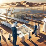 Create a high-resolution, realistic depiction of unidentified investors scrutinizing large-scale solar energy infrastructure in a desert setting reflective of Saudi Arabia's arid climate. Include aspects like solar panels spreading across sandy terrains, executives in sharp business suits examining blueprints, droves of workers engaged in installation and maintenance activity, and cranes hoisting panel units. The overall atmosphere should invoke mystery and anticipation.