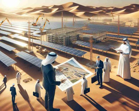 Create a high-resolution, realistic depiction of unidentified investors scrutinizing large-scale solar energy infrastructure in a desert setting reflective of Saudi Arabia's arid climate. Include aspects like solar panels spreading across sandy terrains, executives in sharp business suits examining blueprints, droves of workers engaged in installation and maintenance activity, and cranes hoisting panel units. The overall atmosphere should invoke mystery and anticipation.