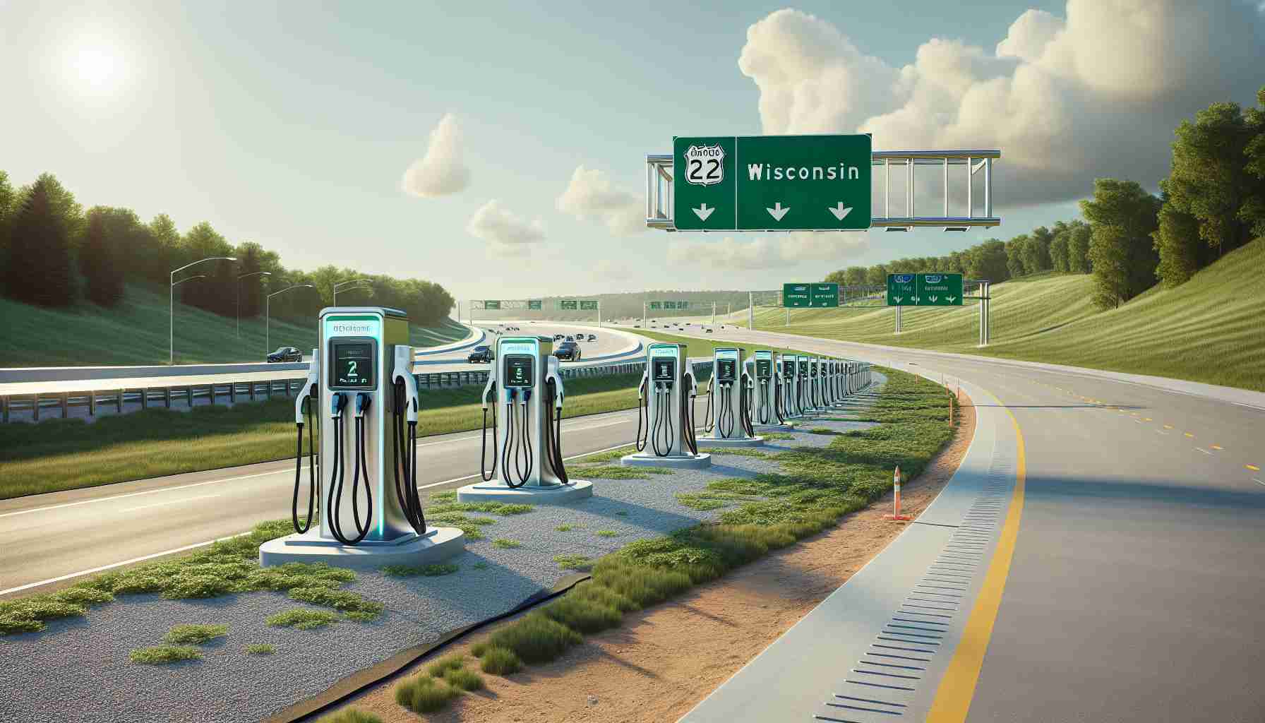 An HD realistic image depicting a significant expansion of Wisconsin's electric highways. The scene shows an array of newly installed beautiful, modern electric vehicle charging stations lining the highways. The sky is bright, signaling a new day and implying that these electric highways are now closer to realization than ever before. Street signs sequence along the highway, proudly announcing the presence of these green mobility enablers. Green landscapes complement the surroundings, emphasizing the harmony between infrastructure and environmental sustainability.