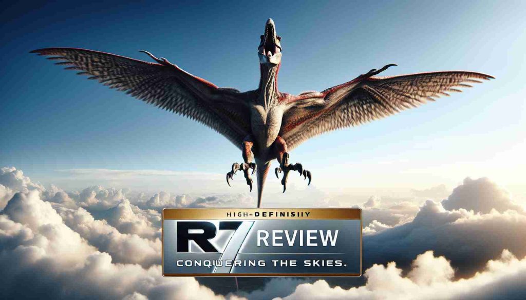 A high-definition, realistic image of a supremely powerful raptor, symbolically named R7, soaring majestically through the sky. The scene captures the moment of takeoff, the raptor's mighty wings spread wide, preparing to conquer the skies. Underneath, a text overlay reads: 'R7 Review | Conquering the Skies', implicating a review or critique of this unique spectacle.