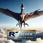 A high-definition, realistic image of a supremely powerful raptor, symbolically named R7, soaring majestically through the sky. The scene captures the moment of takeoff, the raptor's mighty wings spread wide, preparing to conquer the skies. Underneath, a text overlay reads: 'R7 Review | Conquering the Skies', implicating a review or critique of this unique spectacle.