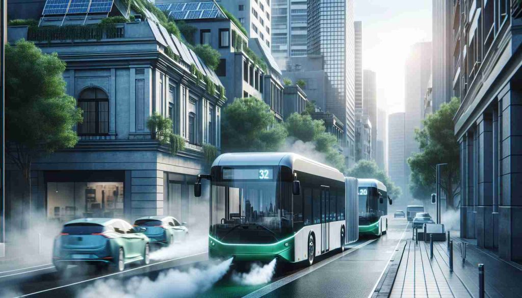 A high-definition, realistic image that depicts an urban setting undergoing a transformation, fueled by the rise of sustainable transport. Illustrate this with a focus on electric buses replacing traditional ones: show sleek, modern electric buses gliding smoothly on the city streets, the exhaust plumes of old buses replaced by a green, clean atmosphere. Emphasize the contrast between the bustling, energy-filled city life, and the quiet, smoothly running electric buses. The buildings have solar panels on their rooftops, symbolizing the city's move towards sustainable energy sources.