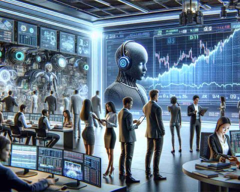 A highly detailed, realistic HD visual representation of a revolutionary Artificial Intelligence company preparing for a groundbreaking entrance into the stock market. The scene includes high-tech AI devices in the background, a dynamic stock market chart on a wall-mounted screen, and several diverse individuals involved in the tech sector: an Asian woman is seen analyzing data on her tablet, a Caucasian man is interpreting stock market trends on a large display, and a Black woman is handling communication with the press. Excitement, anticipation, and a sense of innovation prevail throughout the scene.