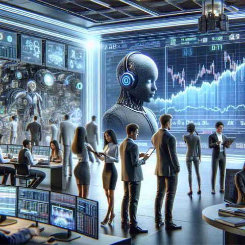 A highly detailed, realistic HD visual representation of a revolutionary Artificial Intelligence company preparing for a groundbreaking entrance into the stock market. The scene includes high-tech AI devices in the background, a dynamic stock market chart on a wall-mounted screen, and several diverse individuals involved in the tech sector: an Asian woman is seen analyzing data on her tablet, a Caucasian man is interpreting stock market trends on a large display, and a Black woman is handling communication with the press. Excitement, anticipation, and a sense of innovation prevail throughout the scene.