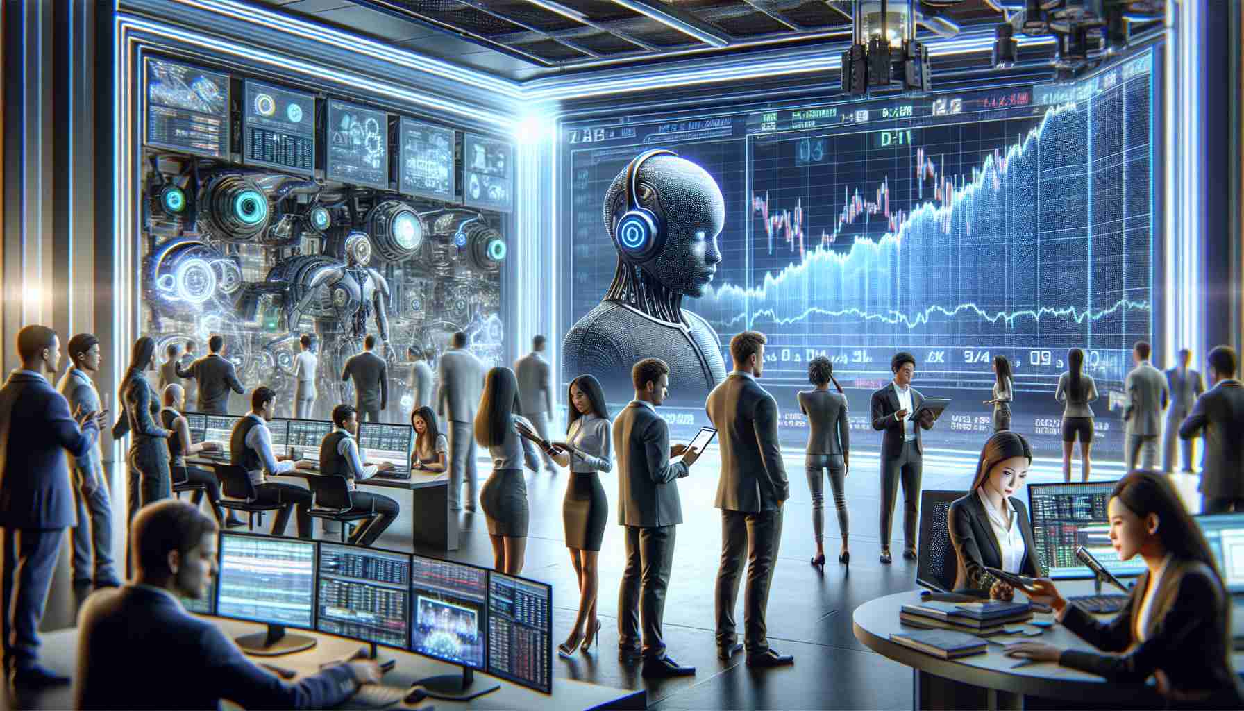 A highly detailed, realistic HD visual representation of a revolutionary Artificial Intelligence company preparing for a groundbreaking entrance into the stock market. The scene includes high-tech AI devices in the background, a dynamic stock market chart on a wall-mounted screen, and several diverse individuals involved in the tech sector: an Asian woman is seen analyzing data on her tablet, a Caucasian man is interpreting stock market trends on a large display, and a Black woman is handling communication with the press. Excitement, anticipation, and a sense of innovation prevail throughout the scene.