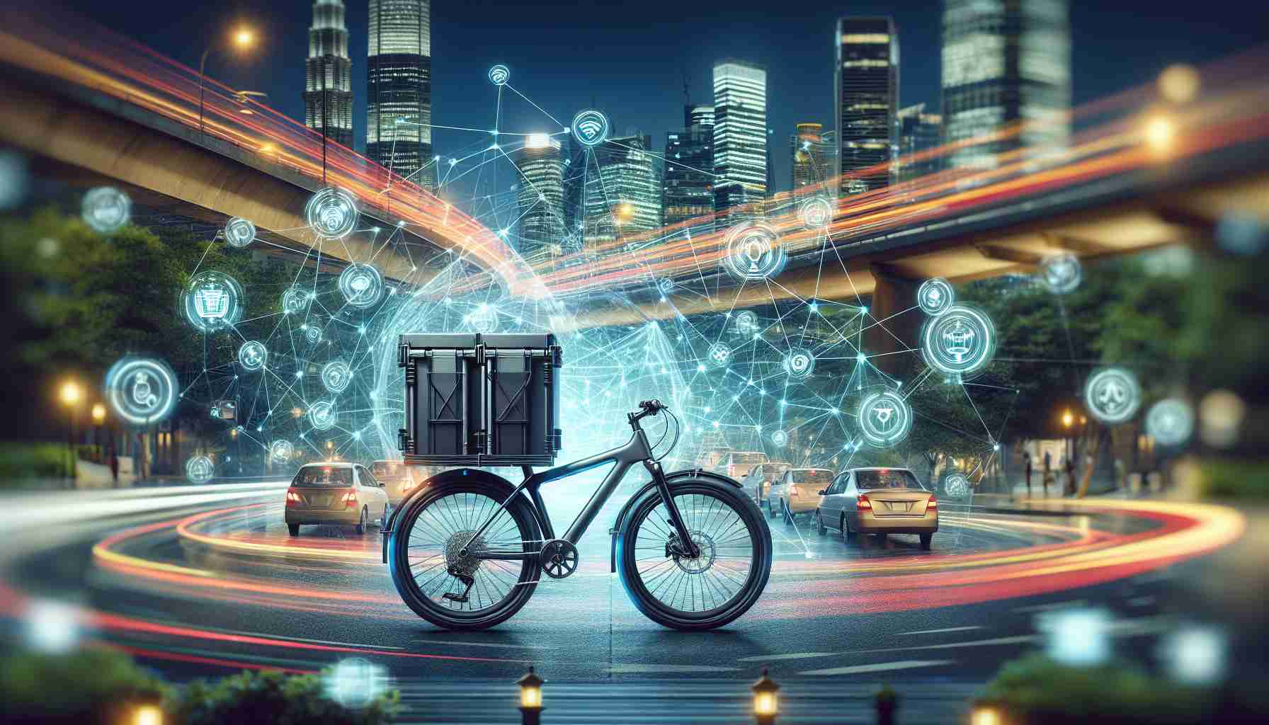 Generate a realistic, high-definition image of a cutting-edge bicycle delivery system designed to thoroughly transform urban logistics. The system should be innovative, perhaps featuring compact, efficient packing mechanisms, advanced navigation technology, and environmentally friendly design. The backdrop should be an urban setting bustling with activity, displaying the dynamism and energy of a modern city.