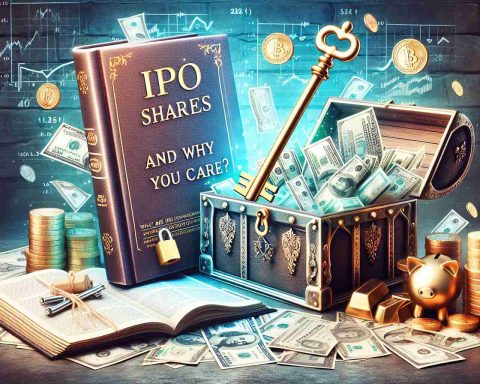 Create a high definition, realistic image depicting the concept of 'Unlocking Wealth'. Include the image of a literal physical key unlocking a treasure chest overflowing with diverse symbols of wealth - currencies, gold bars, stock certificates, and property deeds. Next to this, include a book titled 'What Are IPO Shares and Why Should You Care?', visually implying the learning of financial concepts leading to unlocking wealth.