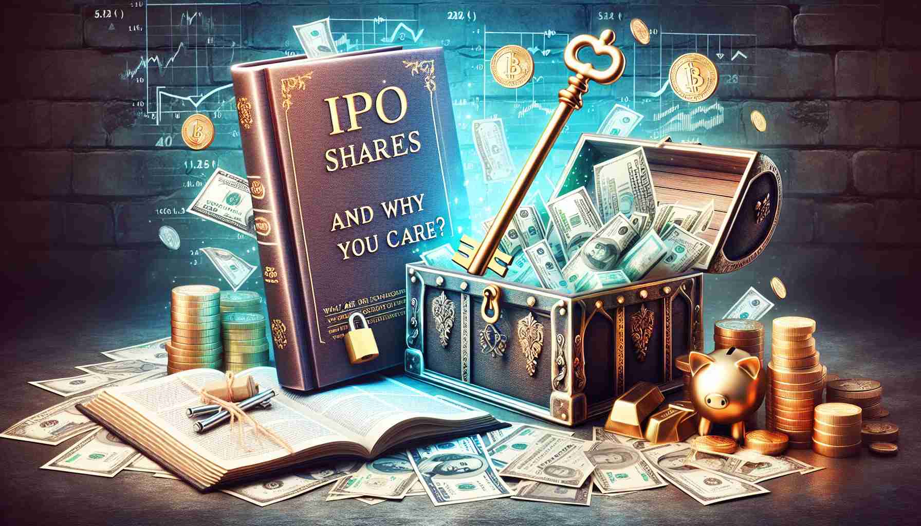 Create a high definition, realistic image depicting the concept of 'Unlocking Wealth'. Include the image of a literal physical key unlocking a treasure chest overflowing with diverse symbols of wealth - currencies, gold bars, stock certificates, and property deeds. Next to this, include a book titled 'What Are IPO Shares and Why Should You Care?', visually implying the learning of financial concepts leading to unlocking wealth.