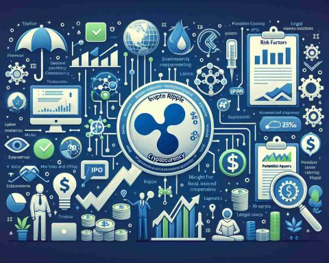 Generate an HD image portraying an informational guide about investing in Ripple cryptocurrency before its Initial Public Offering (IPO). The guide should encompass various important aspects such as risk factors, potential returns, market analysis, legal aspects, and a step-by-step process. Please do not include any specific person or business entity in the image.