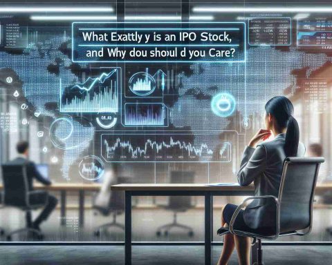 An image illustrating the concept of an Initial Public Offering (IPO) and its significance for an investor. The scene should contain three key elements: a sleek office setting, a digital stock market display showing figures and graphs, and a thoughtful individual, an Asian woman, studying the data closely. The title 'What Exactly is an IPO Stock, and Why Should You Care?' should be displayed prominently in bold, legible text.