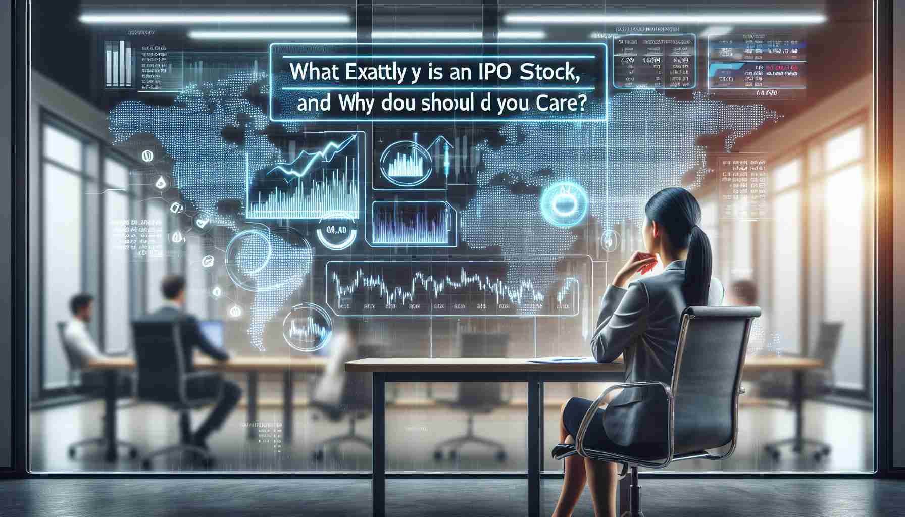 An image illustrating the concept of an Initial Public Offering (IPO) and its significance for an investor. The scene should contain three key elements: a sleek office setting, a digital stock market display showing figures and graphs, and a thoughtful individual, an Asian woman, studying the data closely. The title 'What Exactly is an IPO Stock, and Why Should You Care?' should be displayed prominently in bold, legible text.