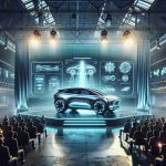 A highly-detailed, realistic image showcasing the revelation of revolutionary electric vehicle technology. The scene presents a state-of-the-art, futuristic vehicle design boasting remarkable and advanced technological features, all towards sustainable mobility. The unveiling takes place in an industrial setting, the car stands on a raised, illuminated stage, with large screens displaying data and diagrams of its unique features. The audience basks in amazement, reflective of the breakthrough moment-electric vehicle technology propelling the auto industry towards a new era. There is a glorious sceptre of awe and hope for a more environmentally friendly future.