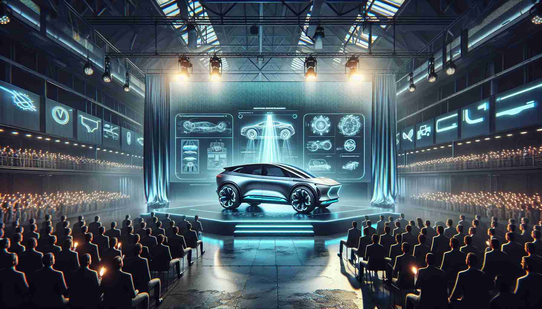 A highly-detailed, realistic image showcasing the revelation of revolutionary electric vehicle technology. The scene presents a state-of-the-art, futuristic vehicle design boasting remarkable and advanced technological features, all towards sustainable mobility. The unveiling takes place in an industrial setting, the car stands on a raised, illuminated stage, with large screens displaying data and diagrams of its unique features. The audience basks in amazement, reflective of the breakthrough moment-electric vehicle technology propelling the auto industry towards a new era. There is a glorious sceptre of awe and hope for a more environmentally friendly future.