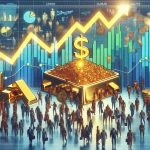 Generate a realistic HF image that visually interprets the concept of investors flocking to gold due to unexpected factors driving record prices. Perhaps include symbolic elements such as a crowd of diverse individuals (representing the investors), gold bars or coins (representing the gold), and a rising graph or chart (representing the record prices). Contextualize the scene in a business or finance setting to align with the theme.