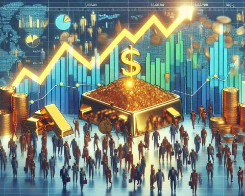 Generate a realistic HF image that visually interprets the concept of investors flocking to gold due to unexpected factors driving record prices. Perhaps include symbolic elements such as a crowd of diverse individuals (representing the investors), gold bars or coins (representing the gold), and a rising graph or chart (representing the record prices). Contextualize the scene in a business or finance setting to align with the theme.