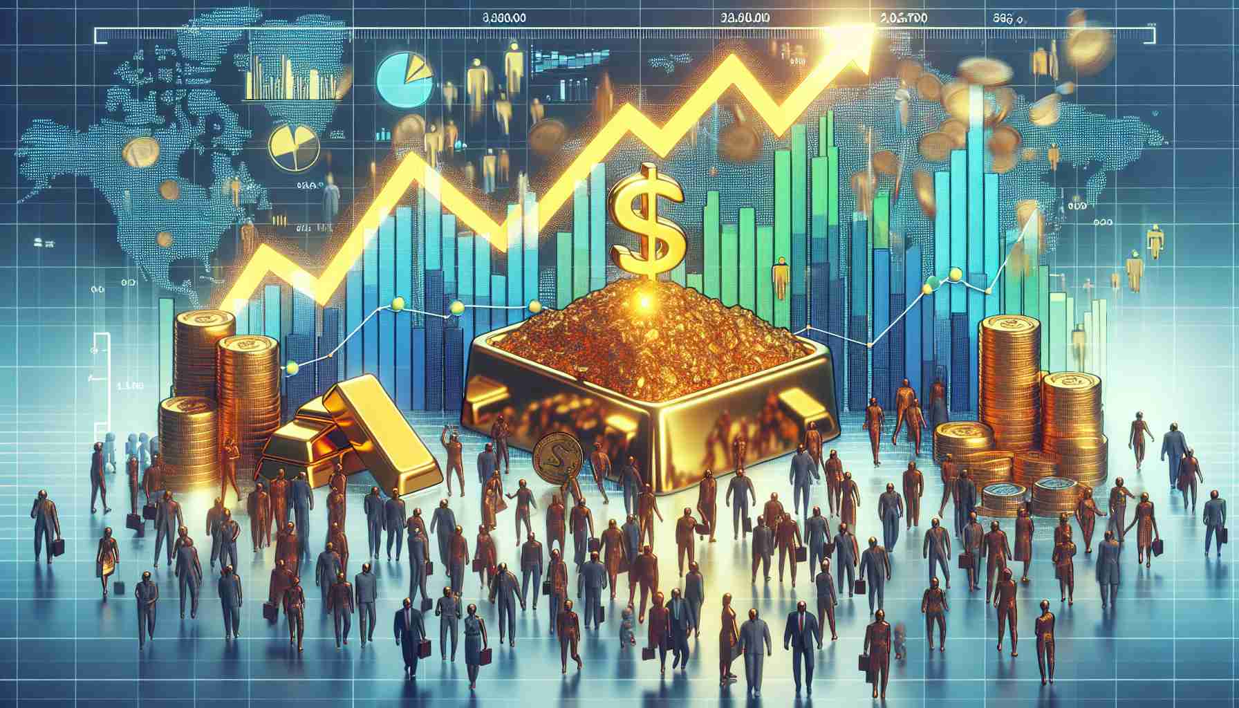 Generate a realistic HF image that visually interprets the concept of investors flocking to gold due to unexpected factors driving record prices. Perhaps include symbolic elements such as a crowd of diverse individuals (representing the investors), gold bars or coins (representing the gold), and a rising graph or chart (representing the record prices). Contextualize the scene in a business or finance setting to align with the theme.