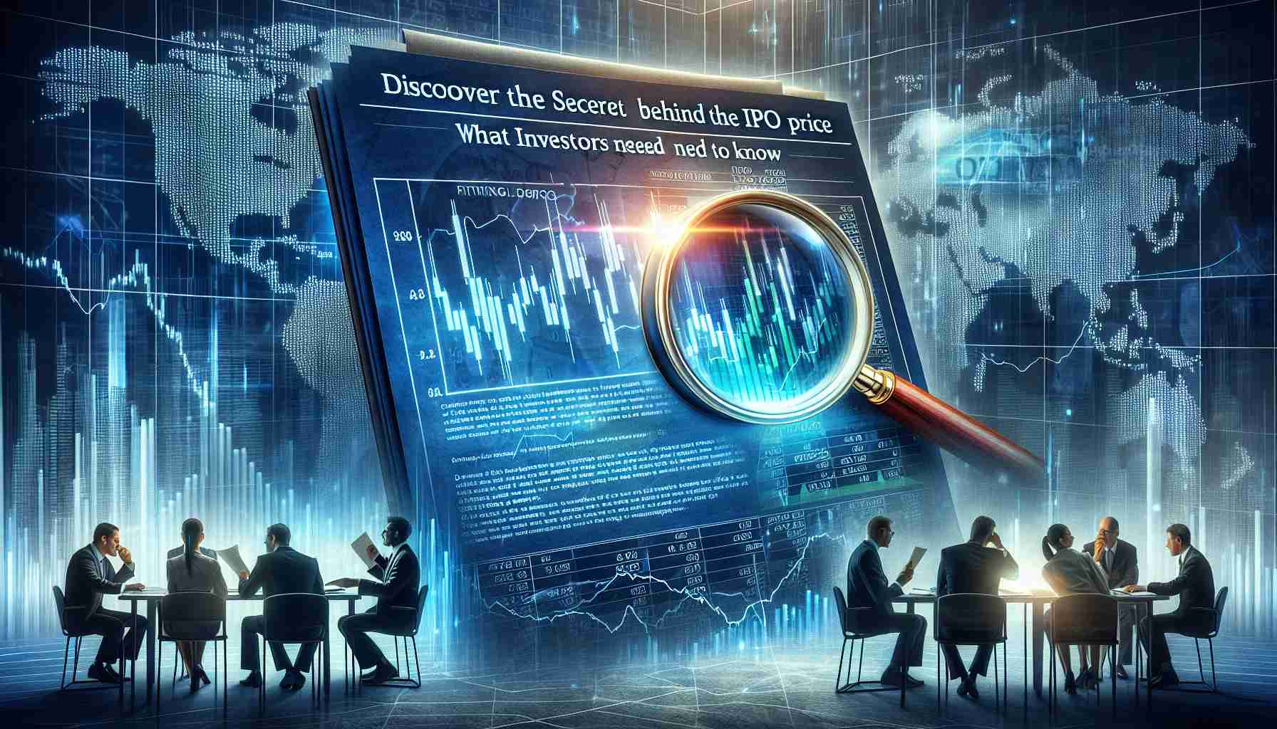 A realistic and highly detailed image depicting the concept of discovering the secret behind an initial public offering (IPO) price. This could include elements such as stock market graphs, documents with financial data, a magnifying glass examining the documents, and people (investors, traders) excitedly discussing or contemplating the findings. Please add a bold title on the image saying 'Discover the Secret Behind The IPO Price: What Investors Need to Know'. Please be sure to convey an atmosphere of intrigue, mystery, and businesslike strategy.