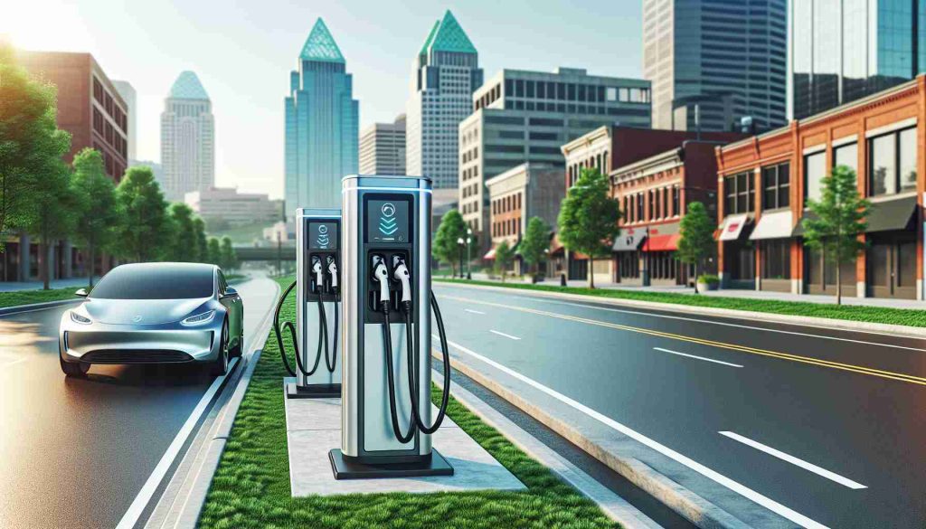 A high-definition, realistic photograph depicting the scene of newly installed electric vehicle charging stations in an urban environment representative of Greater Cincinnati. These stations, featuring modern, sleek designs, are placed conveniently along a well-maintained street. The hubs are readily available for public charging, adding a new degree of convenience for electric vehicle owners and symbolizing a revolutionary step towards sustainable transport in this region. The background showcases typical city landmarks such as commercial buildings and public parks, truly embodying the advancing infrastructure towards eco-friendly practices.