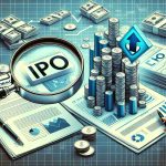 Generate a high definition image illustration of the concept 'Investing in Initial Public Offerings (IPOs) without UPI' showing stacks of coins, documents related to IPO and a money symbol suggesting investment, all under a magnifying glass symbolizing scrutiny. Note the absence of any UPI iconography to emphasize the independence of these activities from UPI.