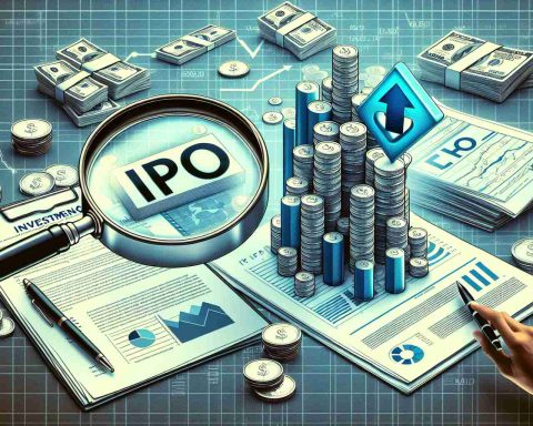 Generate a high definition image illustration of the concept 'Investing in Initial Public Offerings (IPOs) without UPI' showing stacks of coins, documents related to IPO and a money symbol suggesting investment, all under a magnifying glass symbolizing scrutiny. Note the absence of any UPI iconography to emphasize the independence of these activities from UPI.