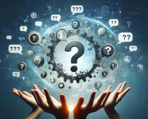 Create a realistic, high-definition conceptual image representing the abstract idea of 'Share', with question marks and speech bubbles scattered around, indicating a buzz or conversation about the concept.