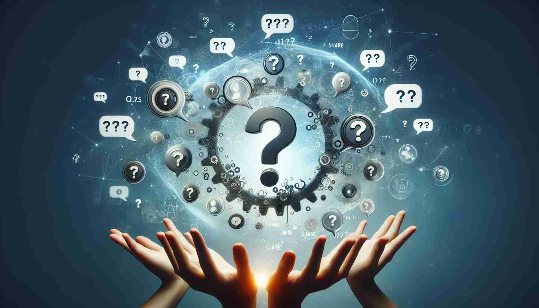 Create a realistic, high-definition conceptual image representing the abstract idea of 'Share', with question marks and speech bubbles scattered around, indicating a buzz or conversation about the concept.