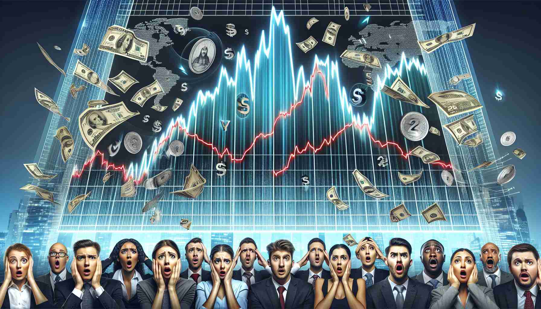 Visualize an image that symbolizes a surprising sudden shift in market trends, causing investors to feel puzzled. This includes a market graph with an abrupt change in its curve (perhaps shooting upward or plummeting down), surrounded by financial symbols like currency signs, and the portrait of several investors with various expressions of astonishment and confusion. The investors vary in descent and gender, including Caucasian females, Hispanic males, black females, etc. to maintain diversity. The investors could be clutching their heads or staring in disbelief at the graph. These elements should be presented in a ultra-high-definition realistic style.