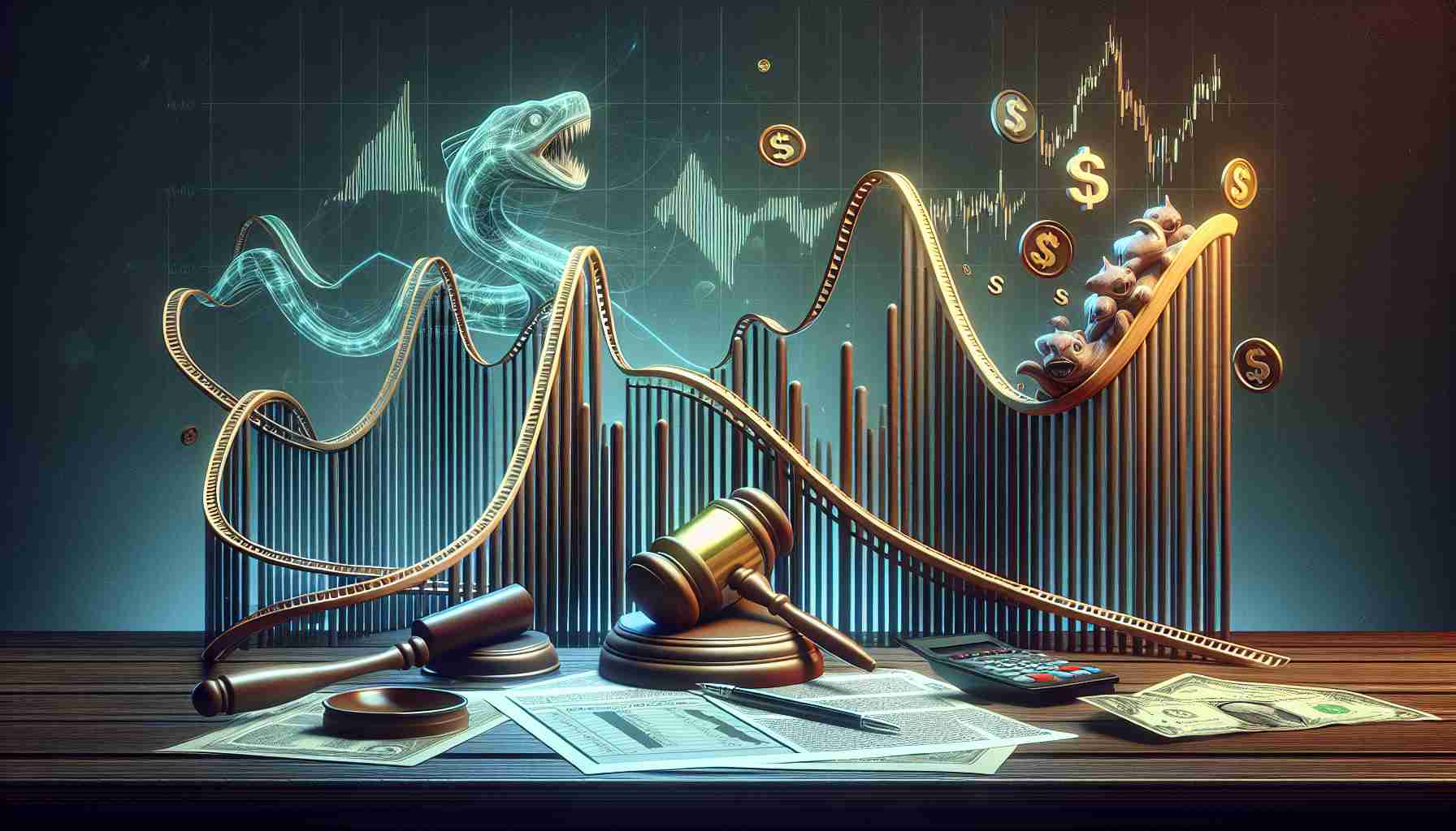 A high-definition, realistic image conceptually representing a surprising twist in an unnamed generic company's Initial Public Offering (IPO). The design could perhaps include an abstract roller coaster or unpredictable graph chart to symbolize this unexpected turn of events. Include motifs of finance and investing such as stock reports, a gavel (symbolizing auction), currency symbols, etc. The tone should exude mystery and unpredictability, symbolizing what investors did not anticipate.