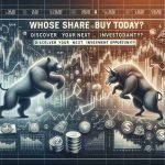 A realistic high-definition image featuring the bold title 'Whose Share to Buy Today? Discover Your Next Investment Opportunity', positioned prominently at the top. This is written in an eye-catching font. Below this title, visualize a varied collection of symbolic financial elements, like line graphs representing shares going up and down, currency symbols, a bull and bear wrestling each other symbolizing market trends, and a magnifying glass focusing on a portfolio symbols. The background subtly incorporates a stock market board showing ups and downs in a dynamic, flourishing layout.