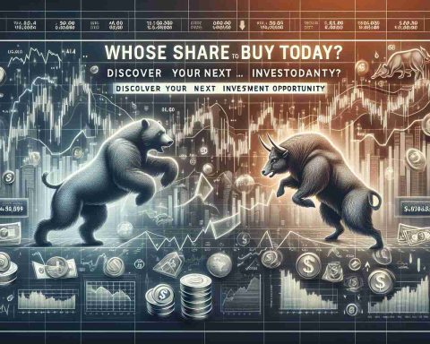 A realistic high-definition image featuring the bold title 'Whose Share to Buy Today? Discover Your Next Investment Opportunity', positioned prominently at the top. This is written in an eye-catching font. Below this title, visualize a varied collection of symbolic financial elements, like line graphs representing shares going up and down, currency symbols, a bull and bear wrestling each other symbolizing market trends, and a magnifying glass focusing on a portfolio symbols. The background subtly incorporates a stock market board showing ups and downs in a dynamic, flourishing layout.