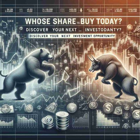 A realistic high-definition image featuring the bold title 'Whose Share to Buy Today? Discover Your Next Investment Opportunity', positioned prominently at the top. This is written in an eye-catching font. Below this title, visualize a varied collection of symbolic financial elements, like line graphs representing shares going up and down, currency symbols, a bull and bear wrestling each other symbolizing market trends, and a magnifying glass focusing on a portfolio symbols. The background subtly incorporates a stock market board showing ups and downs in a dynamic, flourishing layout.