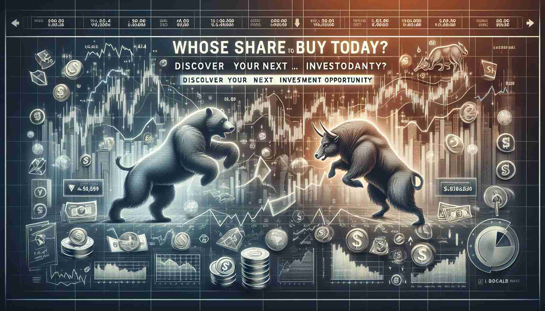 A realistic high-definition image featuring the bold title 'Whose Share to Buy Today? Discover Your Next Investment Opportunity', positioned prominently at the top. This is written in an eye-catching font. Below this title, visualize a varied collection of symbolic financial elements, like line graphs representing shares going up and down, currency symbols, a bull and bear wrestling each other symbolizing market trends, and a magnifying glass focusing on a portfolio symbols. The background subtly incorporates a stock market board showing ups and downs in a dynamic, flourishing layout.