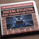 Generate a hyper-realistic, high-definition image that depicts a newspapers headline announcing 'Shocking Revelation: Major Car Manufacturer's Secret Expansion Plans Revealed!' This image should include an open newspaper with this headline prominently featured as it tells the story of a major car manufacturer's undisclosed business expansion plans.