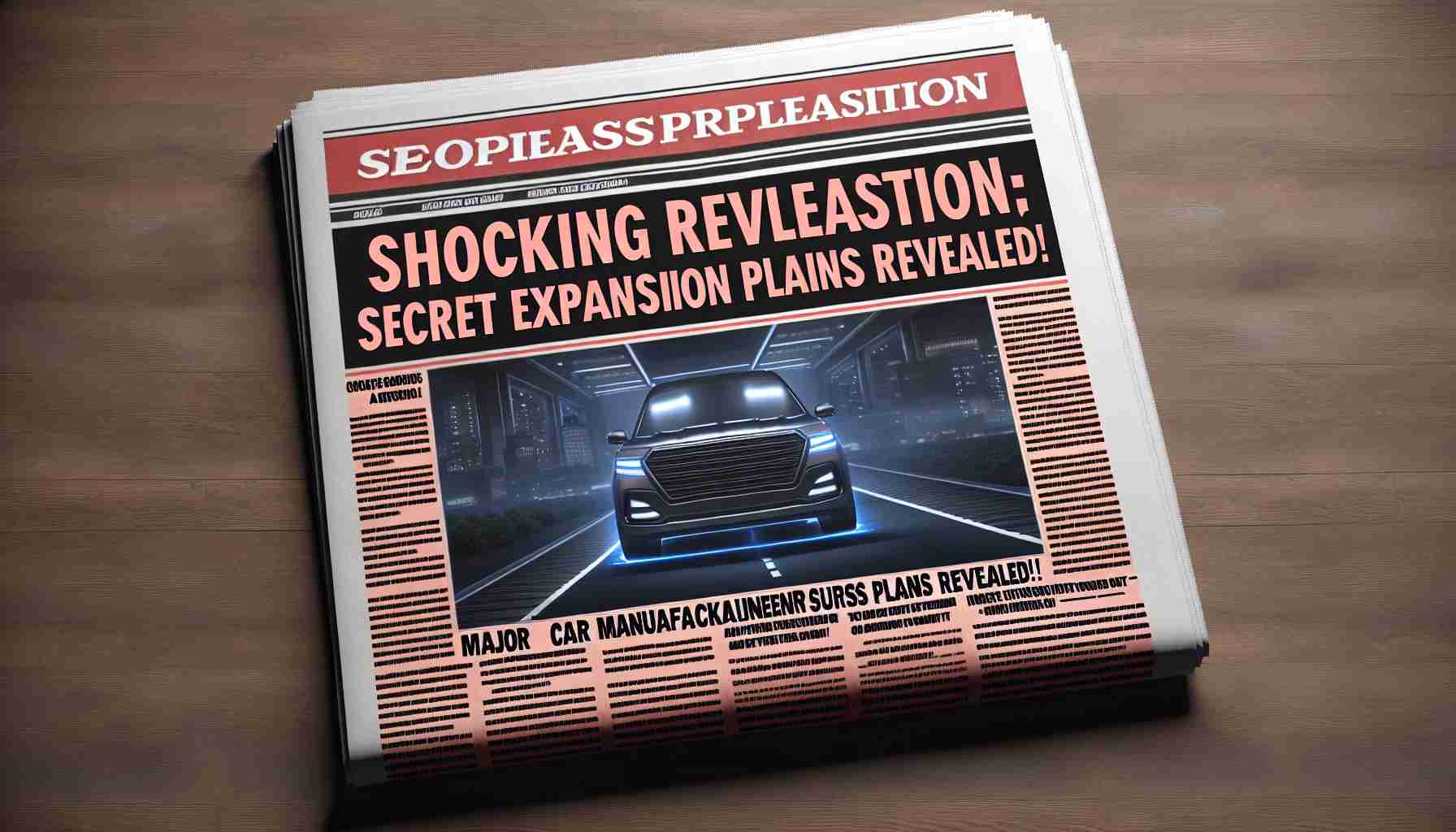 Generate a hyper-realistic, high-definition image that depicts a newspapers headline announcing 'Shocking Revelation: Major Car Manufacturer's Secret Expansion Plans Revealed!' This image should include an open newspaper with this headline prominently featured as it tells the story of a major car manufacturer's undisclosed business expansion plans.