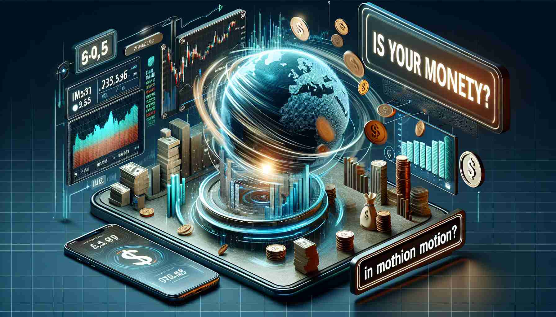 A high-definition, realistic depiction of the concept of 'money in motion'. Include various elements that depict an active stock exchange, such as graphs, market tickers, and shares being traded. The question 'Is Your Money in Motion?' should be prominently featured in the design. Also portray a sign or digital board indicating whether the stock exchanges are open today.