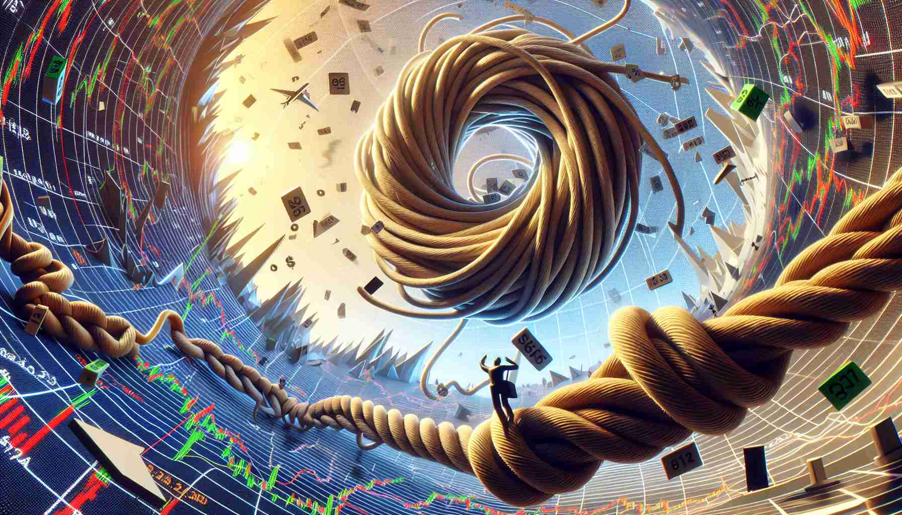 High definition image showcasing the surprising turn of events at Lotte Energy Materials industry leading to confusion and curiosity amongst investors. The visualization represents the scene in a metaphorical way, perhaps showing a twisted path or knotted thread to symbolize the twist. Financial charts are plunging unexpectedly in the background to symbolize the investors scratching their heads.