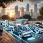 A high-definition, realistic rendering illustrating the future of electric vehicle charging. Envision a futuristic, state-of-the-art charging station in an urban setting, with sleek autonomous electric vehicles being charged via transparent wireless technology. The vehicles are parked in a line, displaying a soft glow from the energy transfer. The cityscape, sunset sky, and trees frame the technological advancement in environmentally friendly transportation. People of diverse genders and descents walk by, reflecting on the evolution in the transportation sector.