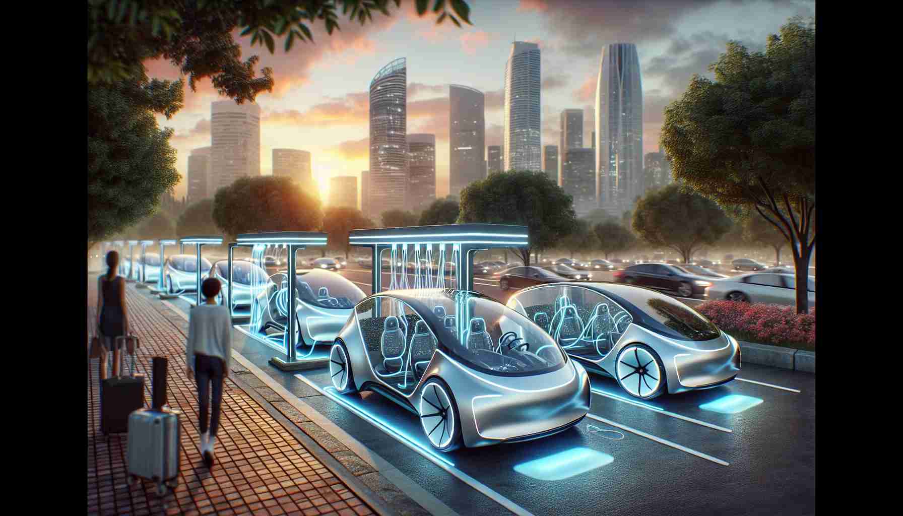 A high-definition, realistic rendering illustrating the future of electric vehicle charging. Envision a futuristic, state-of-the-art charging station in an urban setting, with sleek autonomous electric vehicles being charged via transparent wireless technology. The vehicles are parked in a line, displaying a soft glow from the energy transfer. The cityscape, sunset sky, and trees frame the technological advancement in environmentally friendly transportation. People of diverse genders and descents walk by, reflecting on the evolution in the transportation sector.