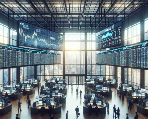 Generate a high-definition, realistic image of a vast trading floor filled with bustling activity. Incorporate elements that provide context, such as large screens displaying real-time market data, traders who are deeply immersed in their work, and a prominent sign that reads 'NASDAQ Stock Exchange.' A cityscape view through large windows should hint towards the location, but without revealing the exact geographic location.