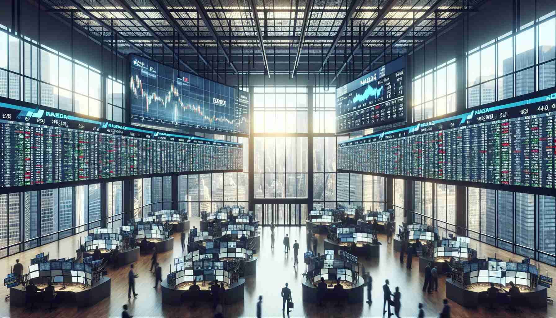 Generate a high-definition, realistic image of a vast trading floor filled with bustling activity. Incorporate elements that provide context, such as large screens displaying real-time market data, traders who are deeply immersed in their work, and a prominent sign that reads 'NASDAQ Stock Exchange.' A cityscape view through large windows should hint towards the location, but without revealing the exact geographic location.