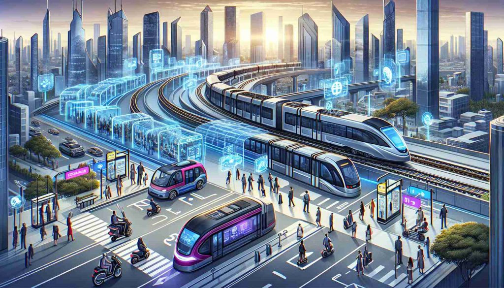 A high-definition illustration depicting the transformation of urban transit through contemporary, cutting-edge technology. View should include futuristic, sleek city-buses, modernized trains, and public transportation systems equipped with advanced technologies. Additionally, include smaller elements like digital road signs, glass-domed bus stops, and autonomous electric scooters paving ways through busy city streets filled with people from diverse descents and gender, all blending harmoniously in a sustainable, technologically advanced urban setting.