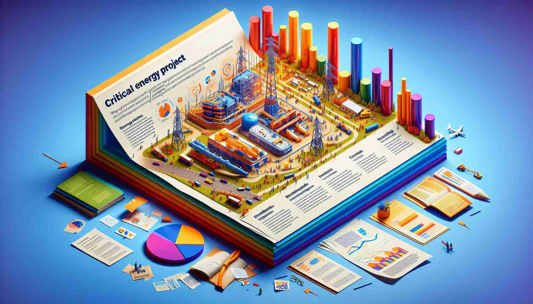 A vibrant, high-definition illustration of a critical energy project. The project is illustrated as in a state of disarray, showing various signs of setbacks. Indicators may include equipment lying idle, active protests, or papers scattered across a desk. A text bar at the bottom briefly explains the significance of the project and why the setback matters. This could highlight issues like the impact on energy supply, economic influence, environmental consequences, and societal implications.