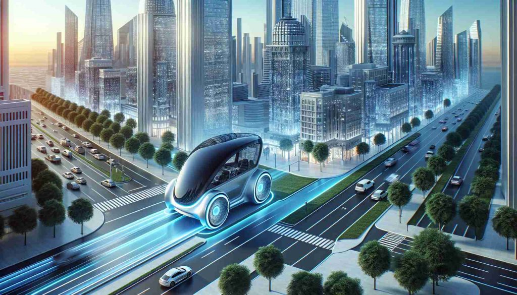 High definition realistic rendering of an innovative urban mobility solution symbolizing a revolution in transportation. The design should exhibit cutting-edge technology, like autonomous driving abilities, and environmentally friendly features, like electric power. It should be set in an urban landscape with skyscrapers and busy streets, reflecting the essence of modern city living.