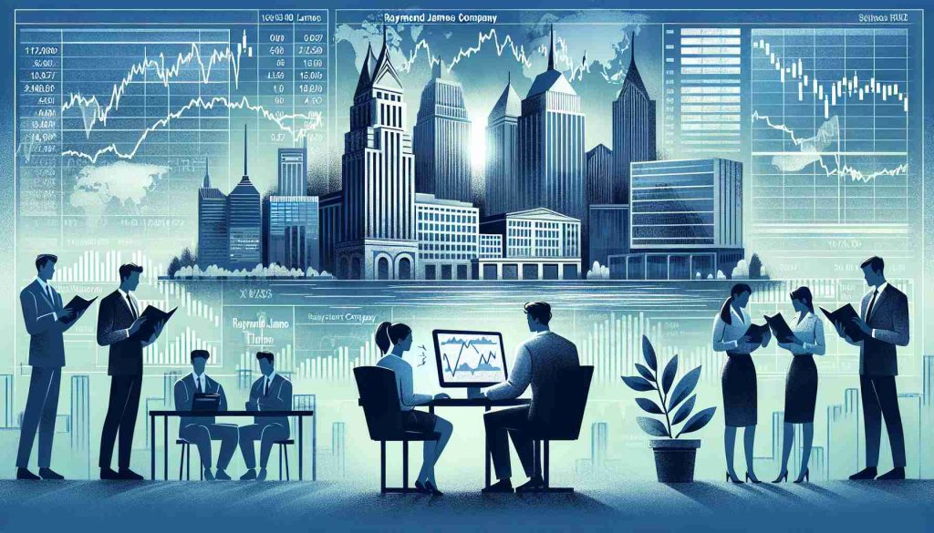 Illustration of an investment surge theme: A person analyzing stock data of an undisclosed industrial company on their computer, surrounded by related headlines and financial data. The backdrop displays the tall buildings representing Raymond James Company. An ethnically diverse group of financial experts are engaged in a discussion in the foreground, illustrating an atmosphere of careful investment planning.