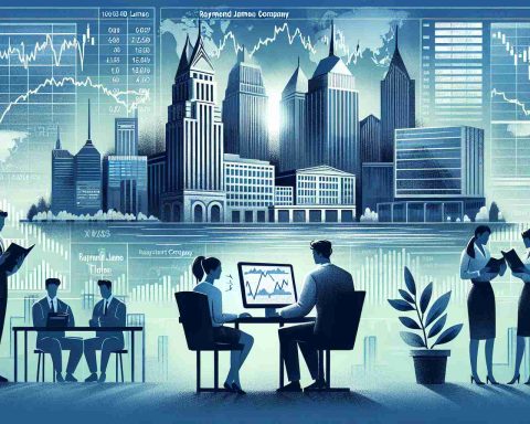 Illustration of an investment surge theme: A person analyzing stock data of an undisclosed industrial company on their computer, surrounded by related headlines and financial data. The backdrop displays the tall buildings representing Raymond James Company. An ethnically diverse group of financial experts are engaged in a discussion in the foreground, illustrating an atmosphere of careful investment planning.