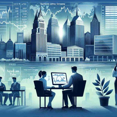 Illustration of an investment surge theme: A person analyzing stock data of an undisclosed industrial company on their computer, surrounded by related headlines and financial data. The backdrop displays the tall buildings representing Raymond James Company. An ethnically diverse group of financial experts are engaged in a discussion in the foreground, illustrating an atmosphere of careful investment planning.